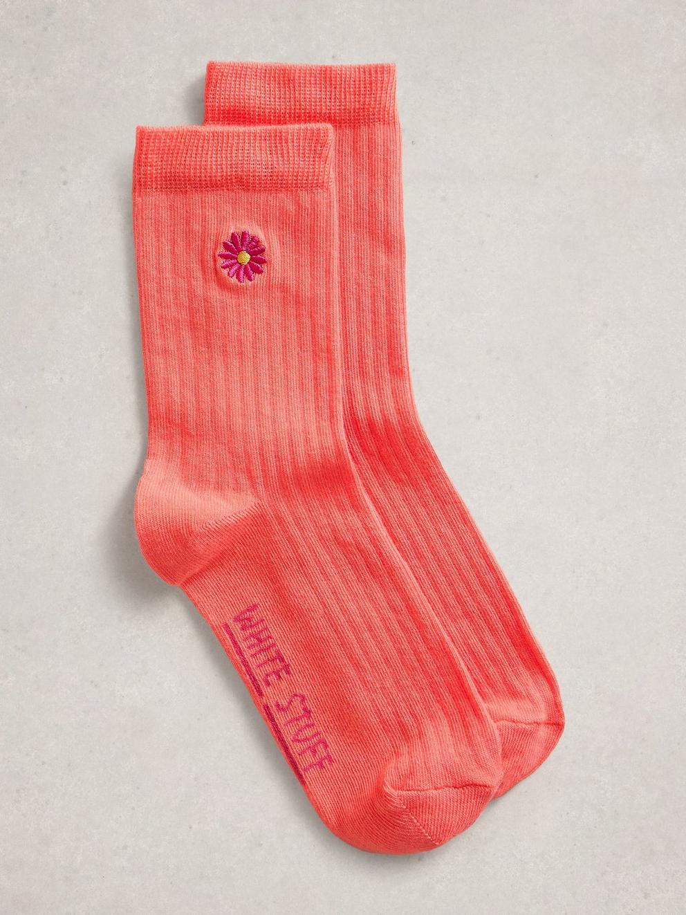 Embroidered Flower Rib Sock in MID CORAL - FLAT FRONT