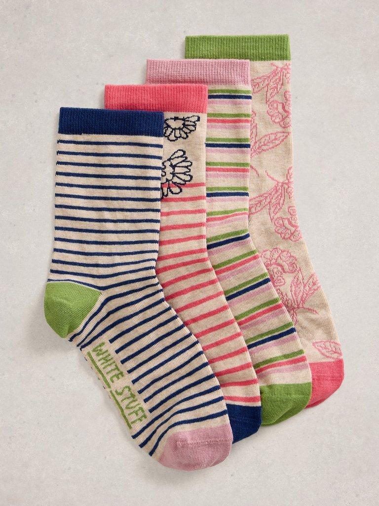 4PK Floral Stripe Socks in PINK MLT - FLAT FRONT