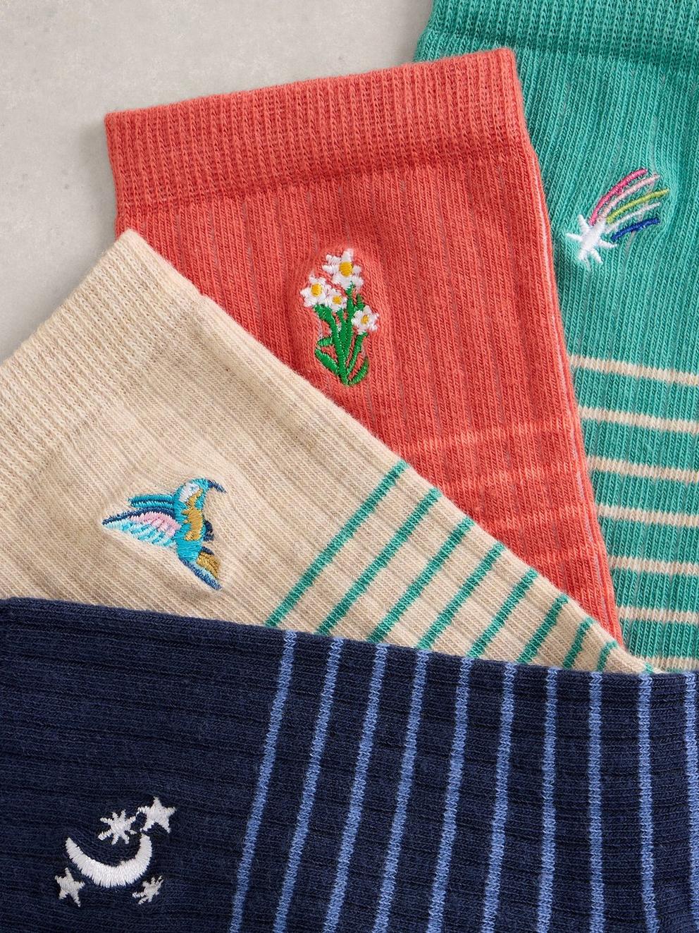 4PK Embroidered Socks in BLUE MLT - FLAT DETAIL
