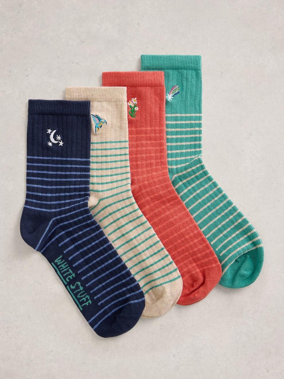 4PK Embroidered Socks in BLUE MLT - FLAT FRONT