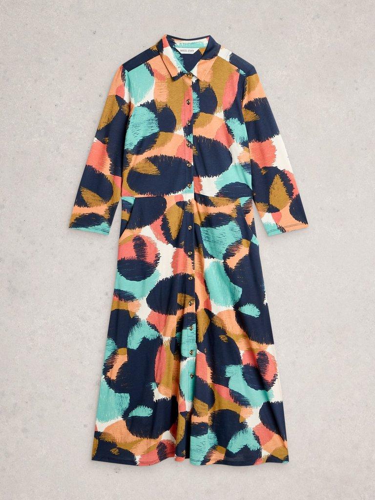 Rua Jersey Collared Shirt Dress Midi in NAVY MULTI - FLAT FRONT