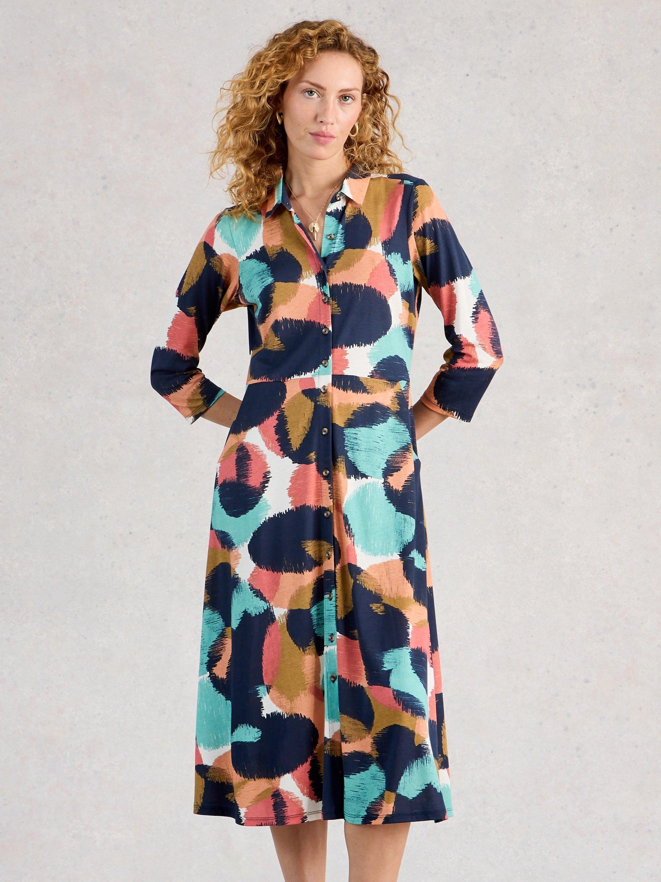 Rua Jersey Collared Shirt Dress Midi in NAVY MULTI | White Stuff