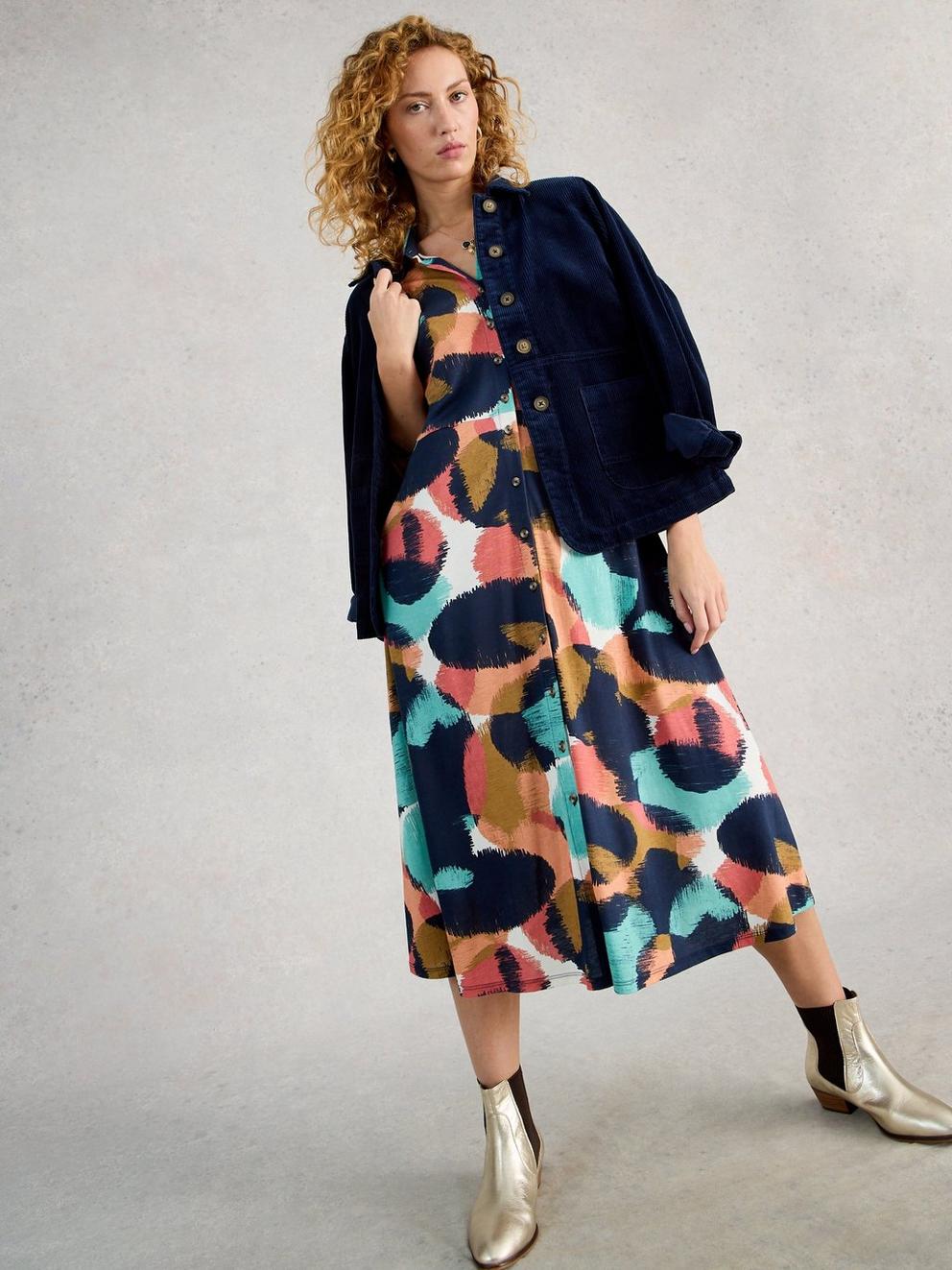 Rua Jersey Collared Shirt Dress Midi in NAVY MULTI - LIFESTYLE
