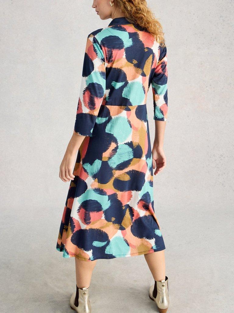 Rua Jersey Collared Shirt Dress Midi in NAVY MULTI - MODEL BACK