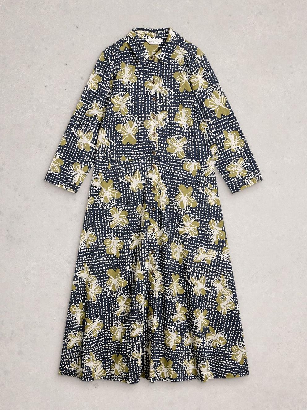 Rua Jersey Collared Shirt Dress Midi in NAVY PR - FLAT FRONT