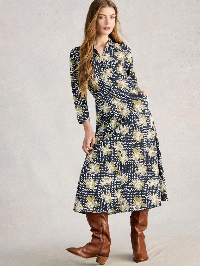 Rua Jersey Collared Shirt Dress Midi in NAVY PR - LIFESTYLE