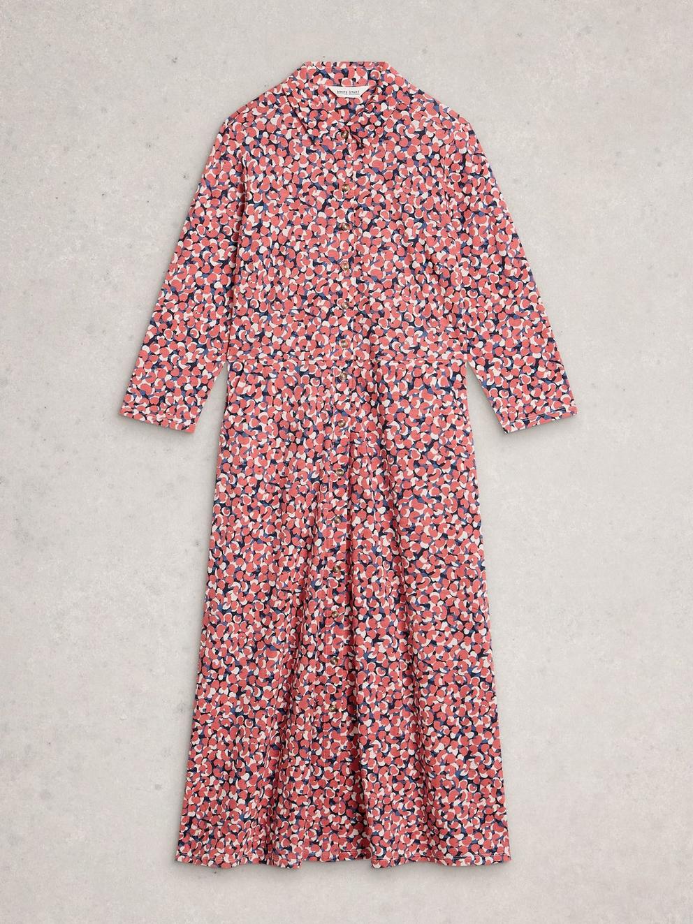 Rua Jersey Collared Shirt Dress Midi in PINK MLT - FLAT FRONT