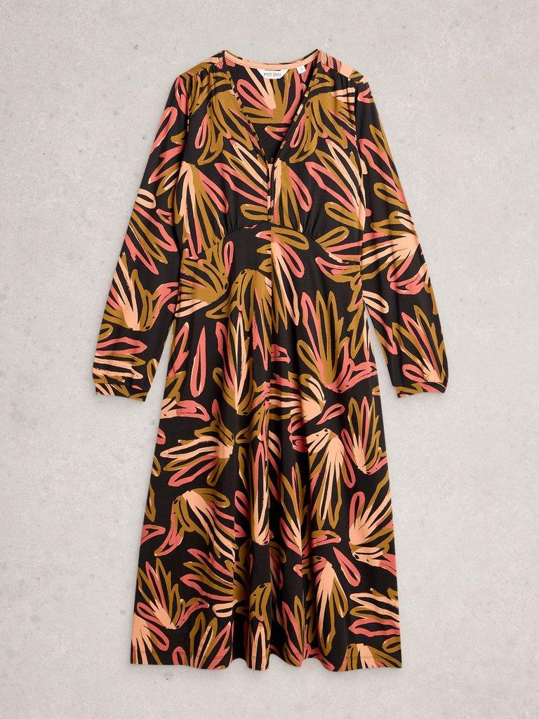 Megan Jersey Long Sleeve Midi Dress in BLK MLT - FLAT FRONT