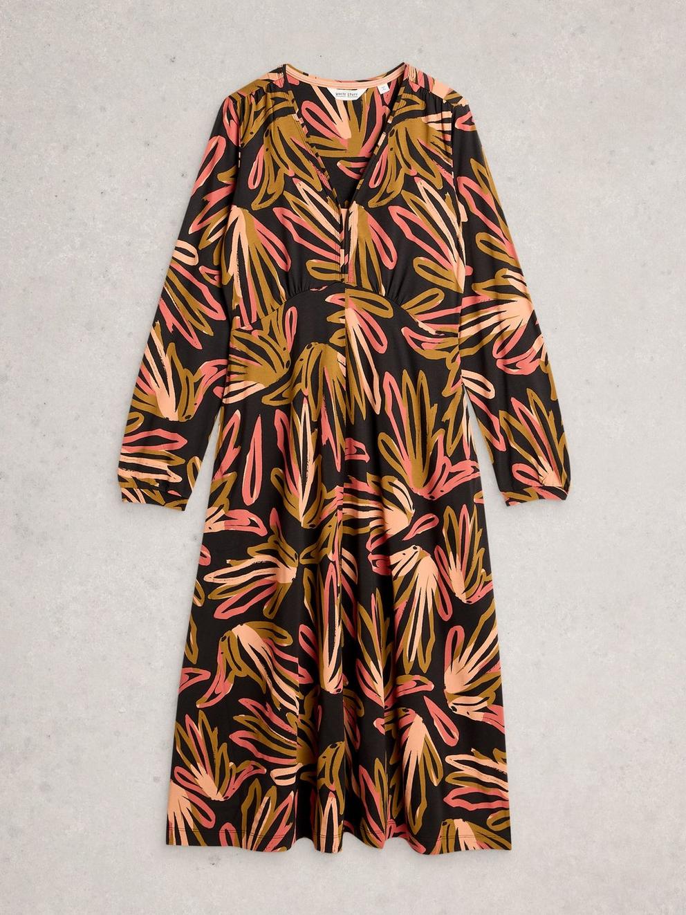 Megan Jersey Long Sleeve Midi Dress in BLK MLT - FLAT FRONT