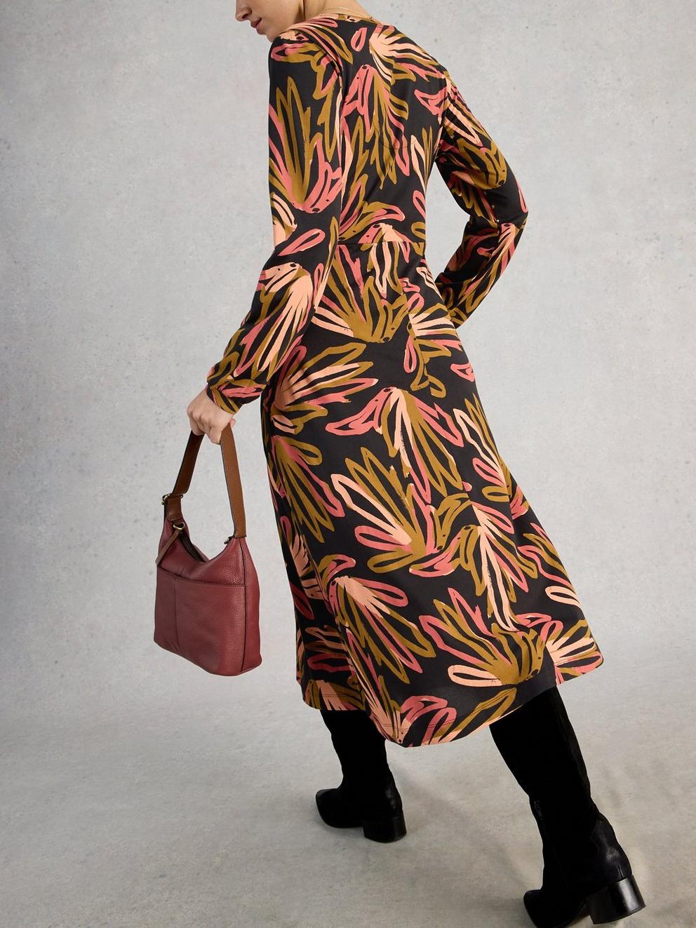 Megan Jersey Long Sleeve Midi Dress in BLK MLT - MODEL BACK