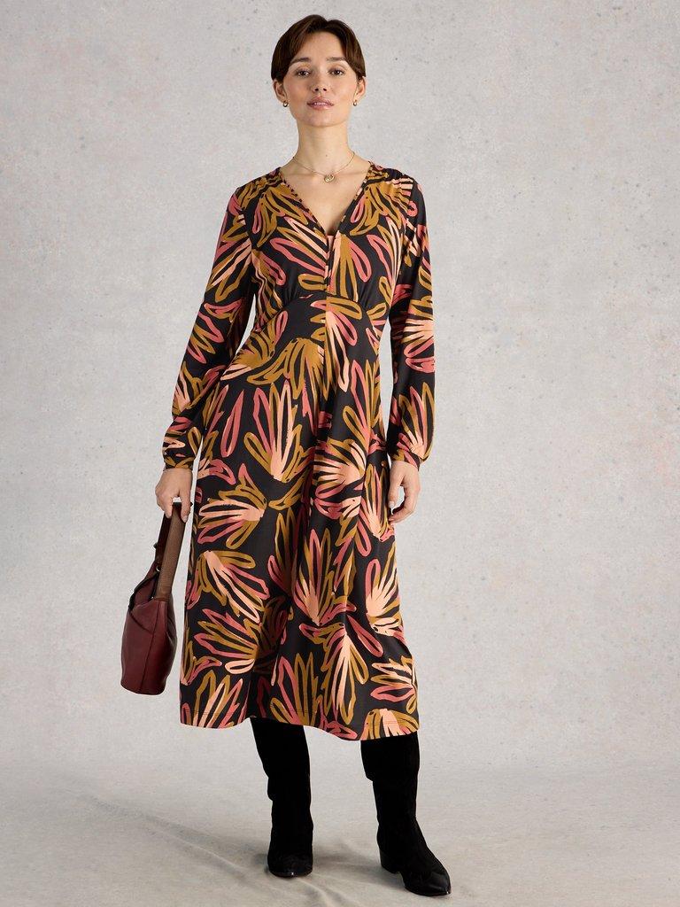 Megan Jersey Long Sleeve Midi Dress in BLK MLT - MODEL FRONT