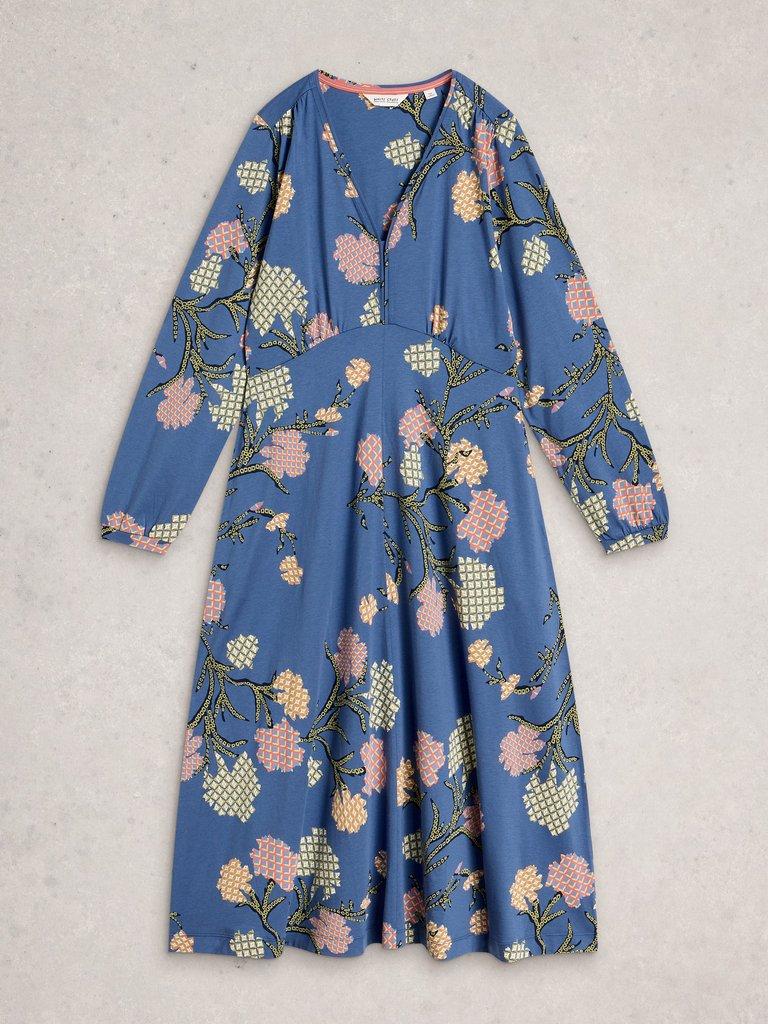 Megan Jersey Long Sleeve Midi Dress in BLUE MLT - FLAT FRONT