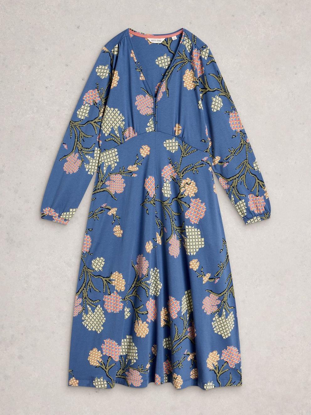 Megan Jersey Long Sleeve Midi Dress in BLUE MLT - FLAT FRONT