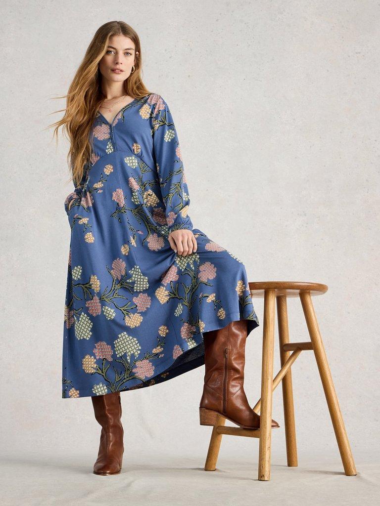 Megan Jersey Long Sleeve Midi Dress in BLUE MLT - LIFESTYLE