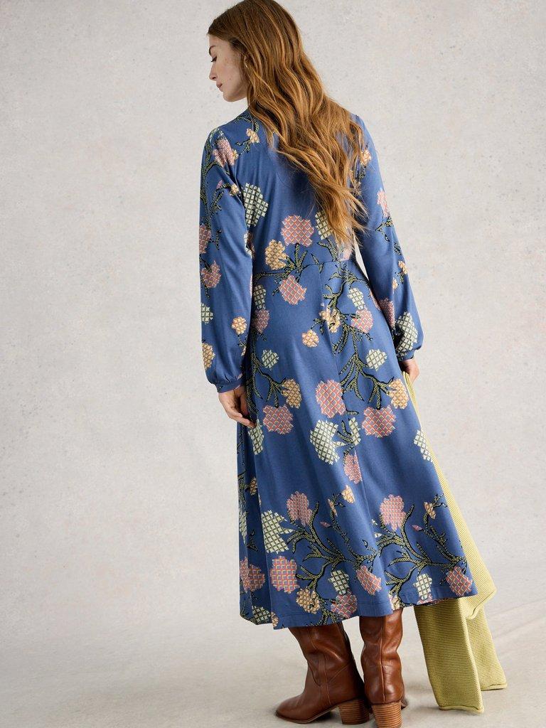 Megan Jersey Long Sleeve Midi Dress in BLUE MLT - MODEL BACK