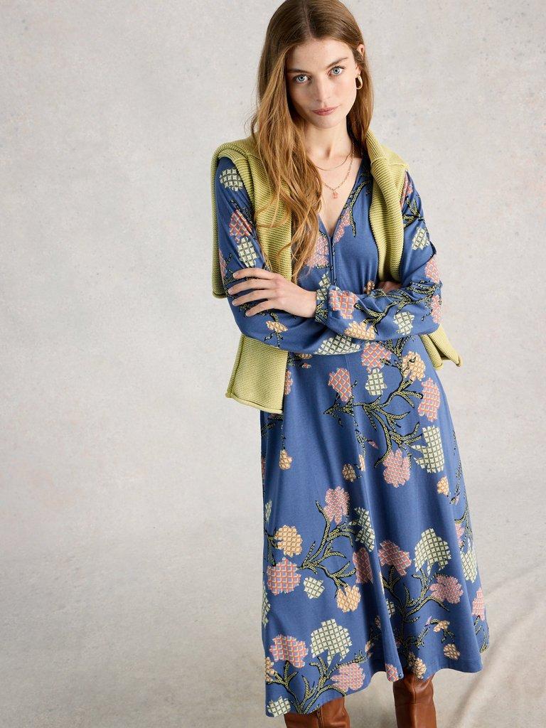 Megan Jersey Long Sleeve Midi Dress in BLUE MLT - MODEL DETAIL