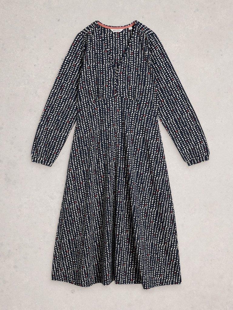 Megan Jersey Long Sleeve Midi Dress in NAVY MULTI - FLAT FRONT