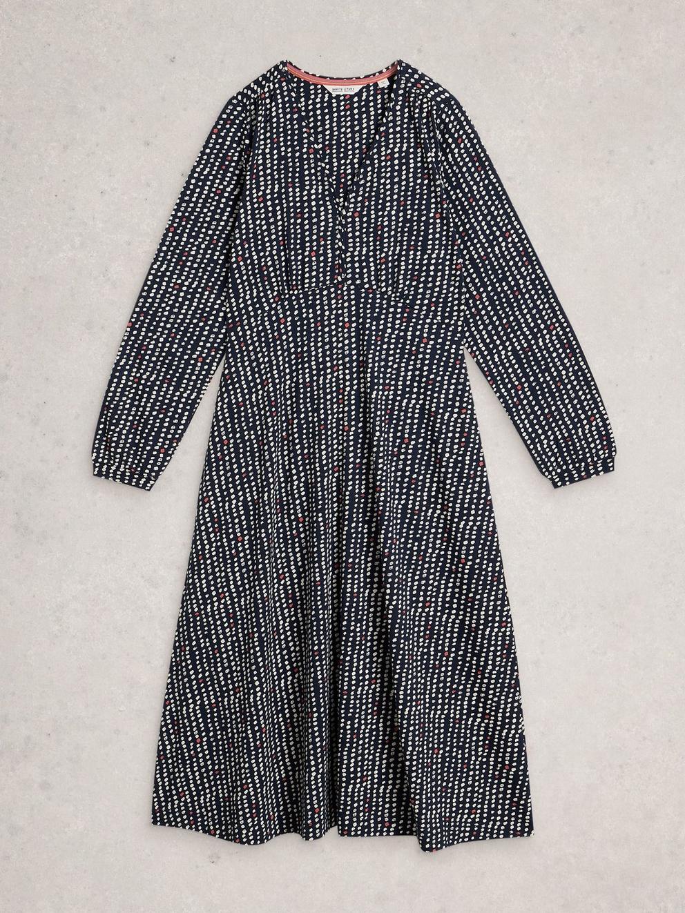Megan Jersey Long Sleeve Midi Dress in NAVY MULTI - FLAT FRONT