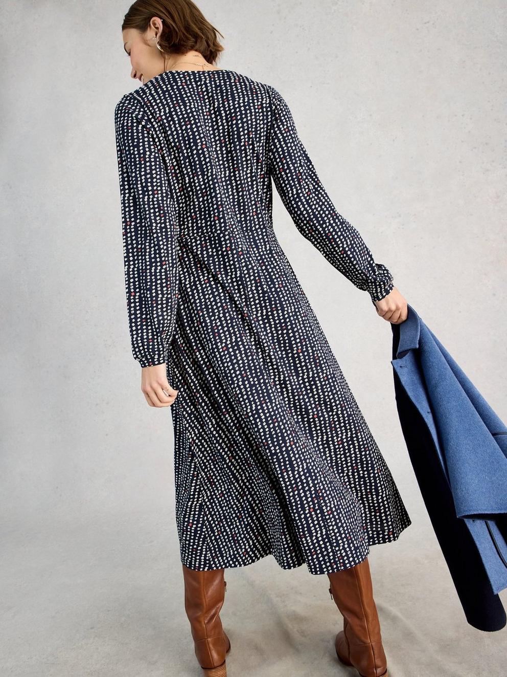 Megan Jersey Long Sleeve Midi Dress in NAVY MULTI - MODEL BACK