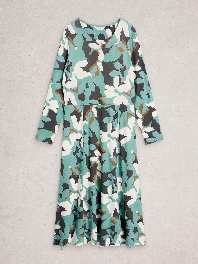 Madeline Crew Neck Long Sleeve Jersey Dress in TEAL MLT - FLAT FRONT