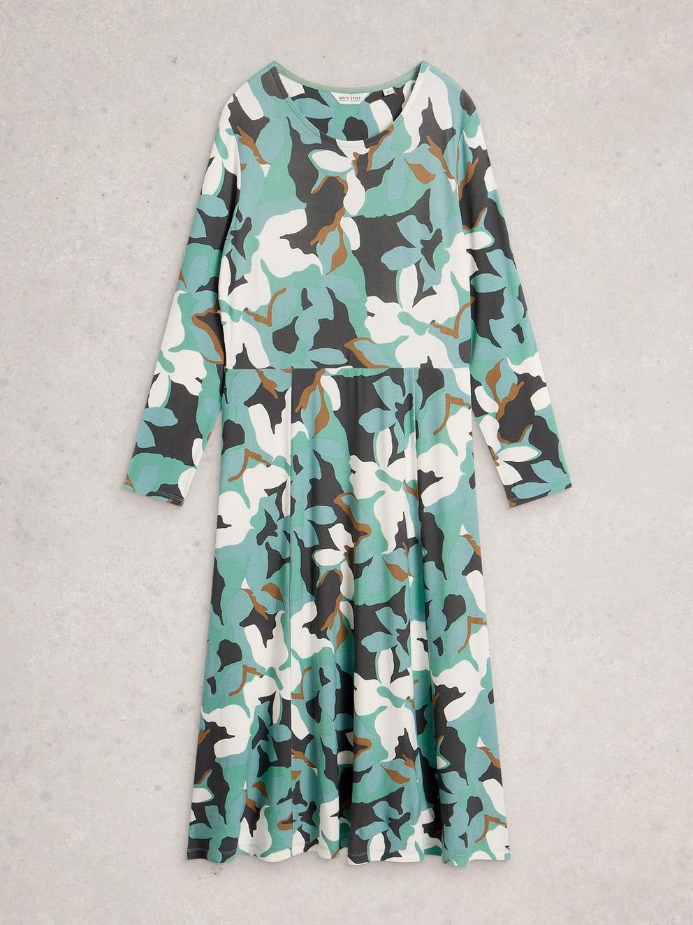 Madeline Crew Neck Long Sleeve Jersey Dress in TEAL MLT - FLAT FRONT