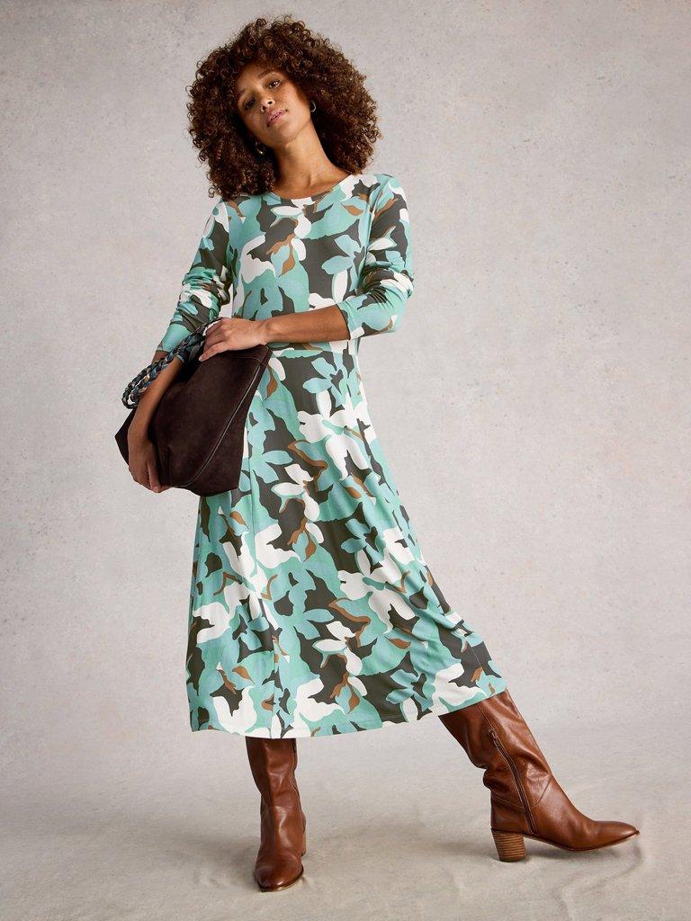 Madeline Crew Neck Long Sleeve Jersey Dress in TEAL MLT - LIFESTYLE