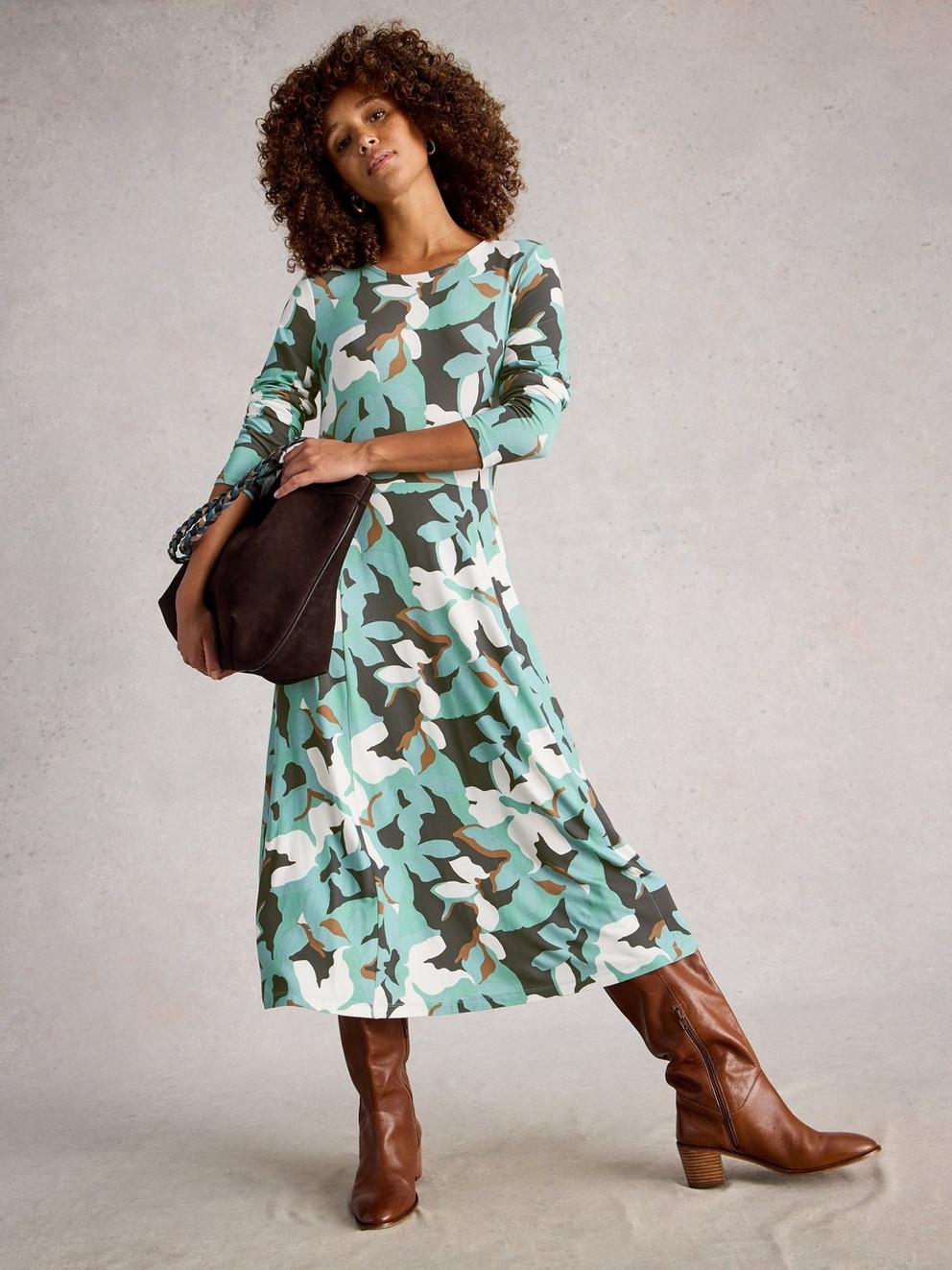 Madeline Crew Neck Long Sleeve Jersey Dress in TEAL MLT - LIFESTYLE