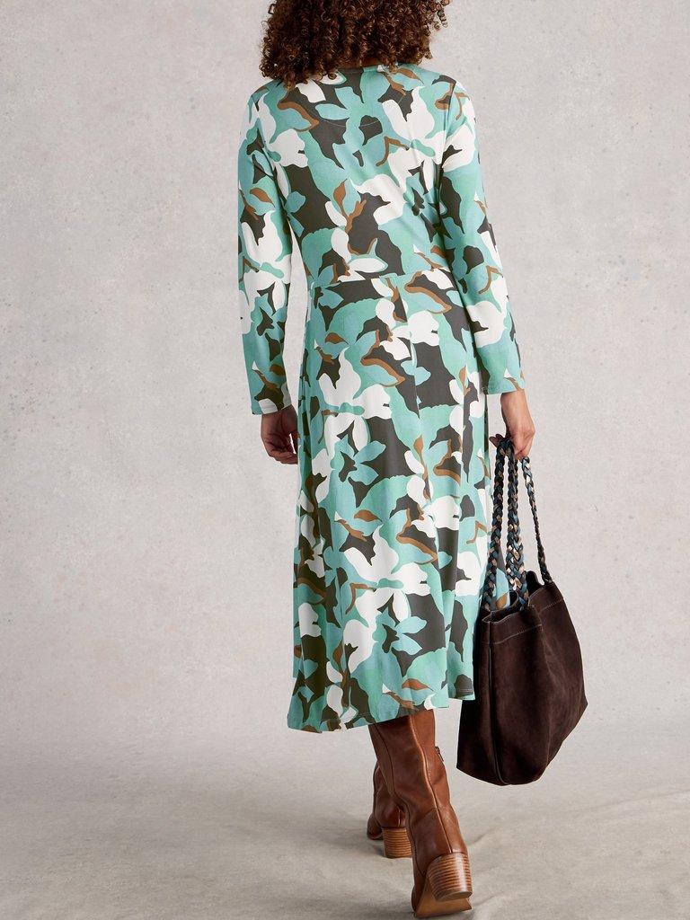 Madeline Crew Neck Long Sleeve Jersey Dress in TEAL MLT - MODEL BACK