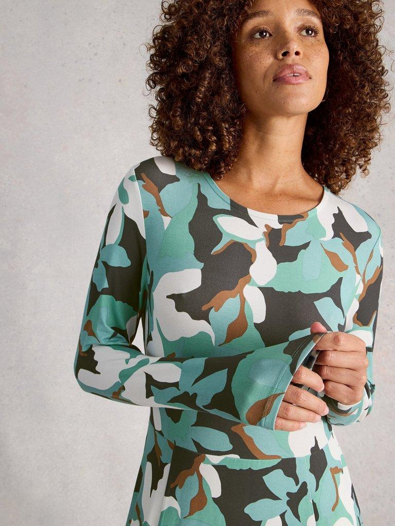 Madeline Crew Neck Long Sleeve Jersey Dress in TEAL MLT - MODEL DETAIL