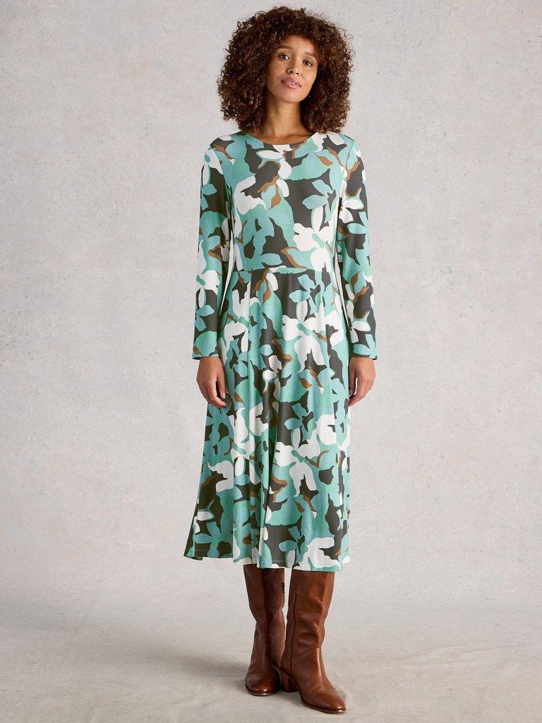 Madeline Crew Neck Long Sleeve Jersey Dress in TEAL MLT - MODEL FRONT