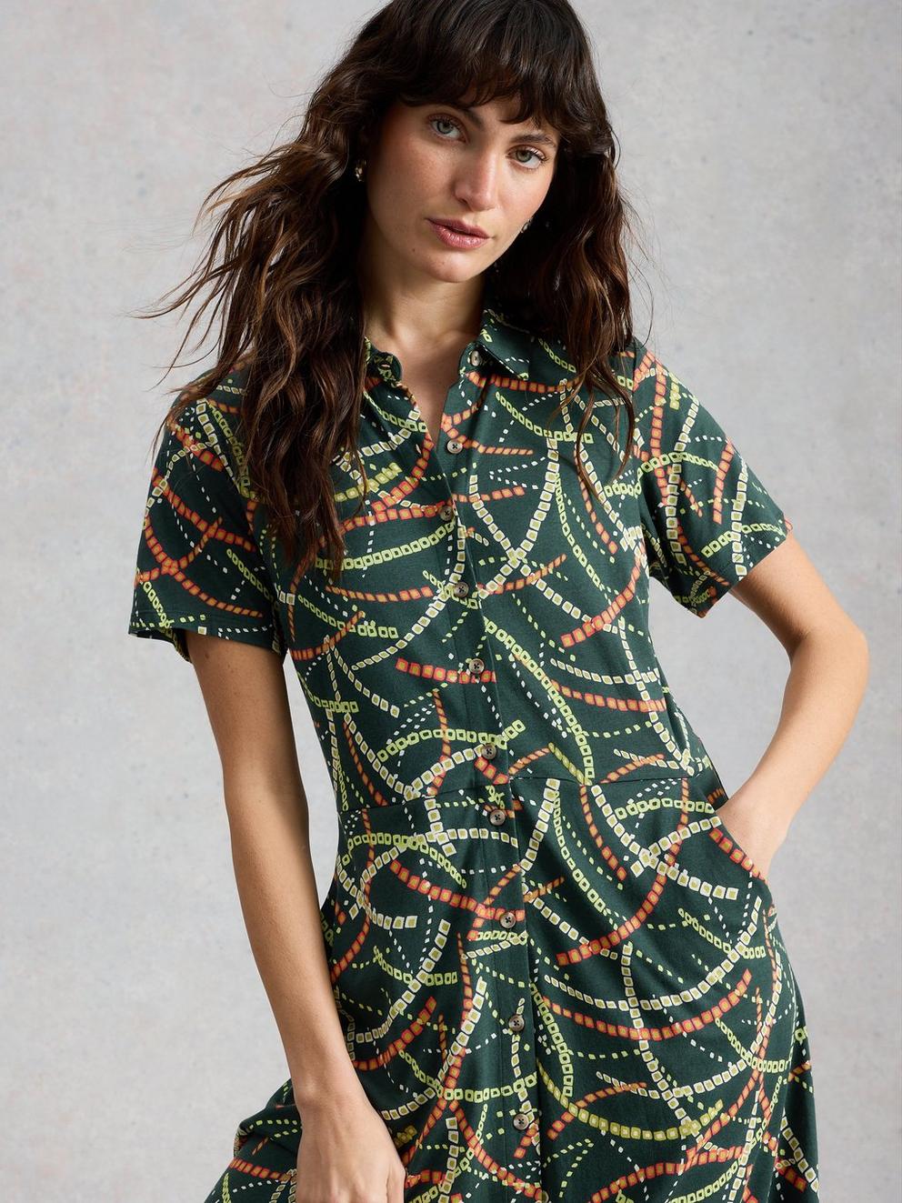 Rua Jersey Short Sleeve Collared shirt Dress in GREEN MLT - MODEL DETAIL