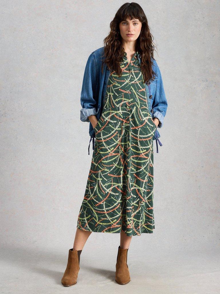 Rua Jersey Short Sleeve Collared shirt Dress in GREEN MLT - MODEL FRONT