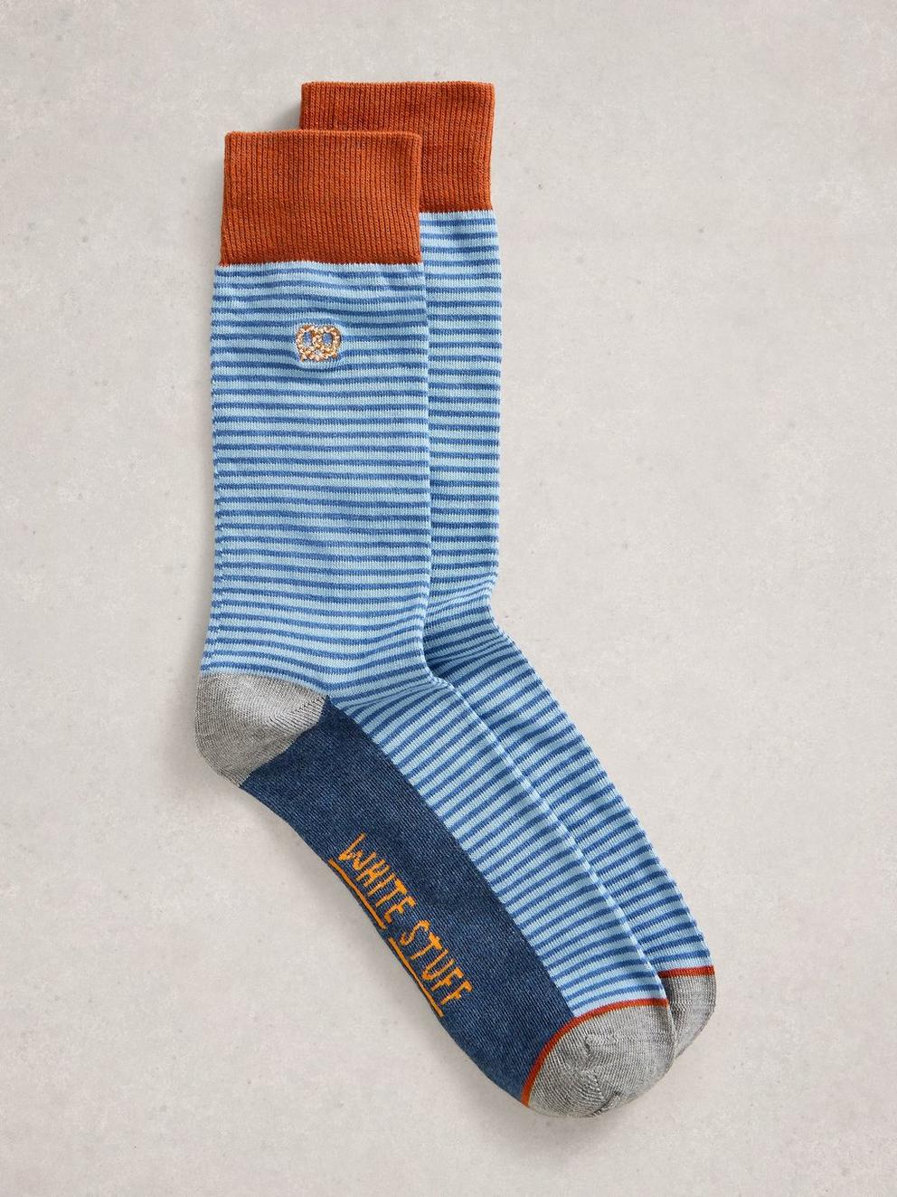 Pretzel Embroidered Ankle Sock in BLUE MLT - FLAT FRONT