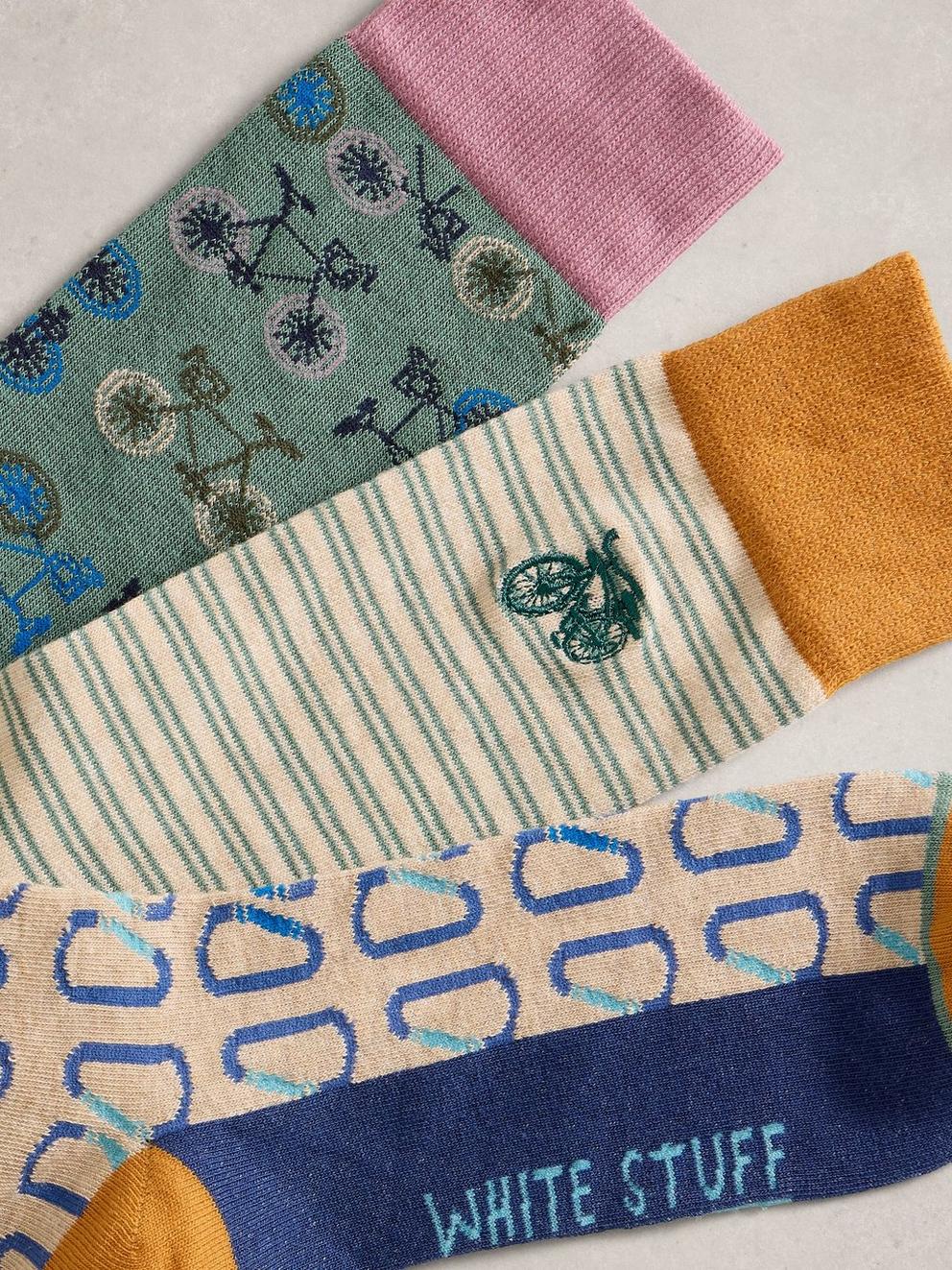 3PK Bicycle Socks in NAT MLT - FLAT DETAIL