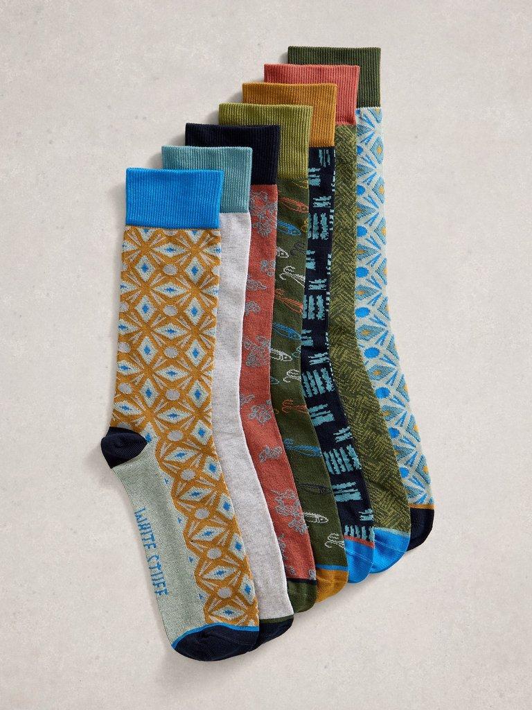 7PK Geo Print Socks in GREEN MLT - FLAT FRONT