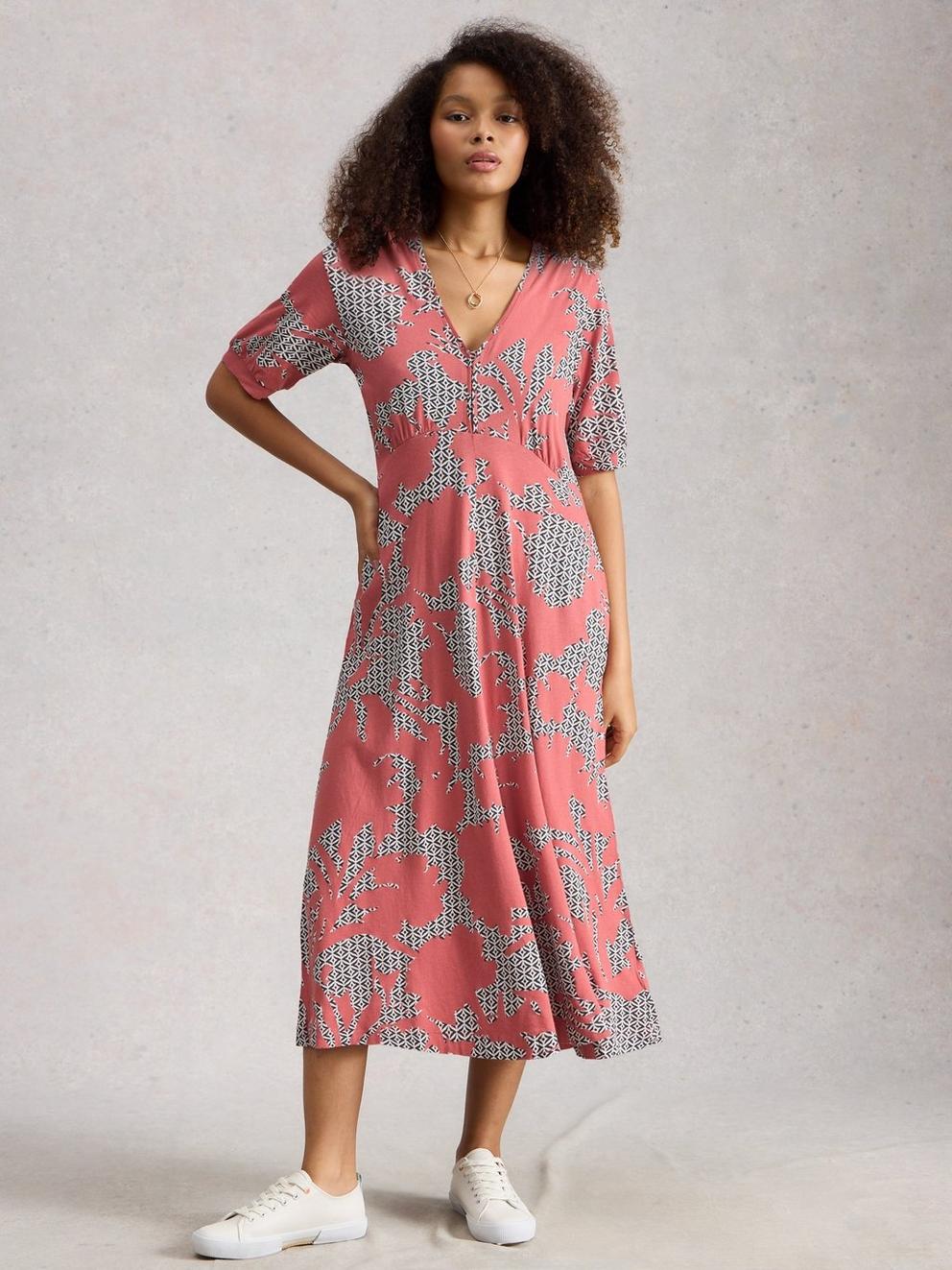 Megan Short Sleeve V Neck Jersey Dress in PINK MLT - LIFESTYLE