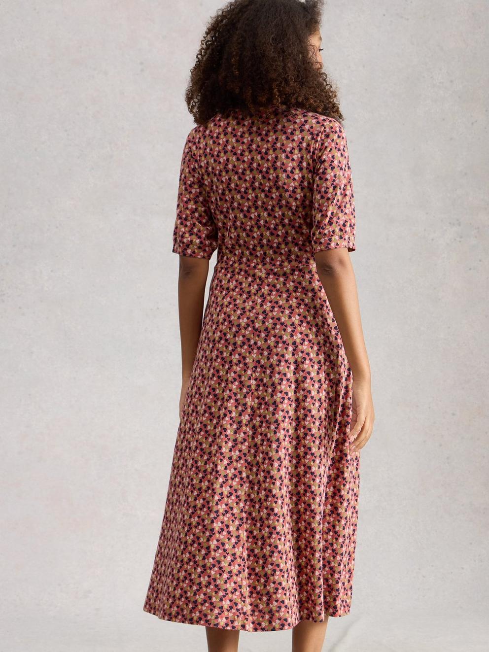 Megan Short Sleeve V Neck Jersey Dress in PINK MLT - MODEL BACK