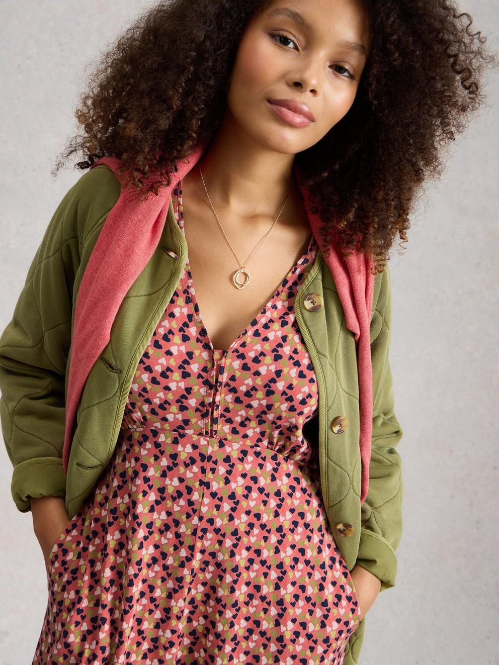 Megan Short Sleeve V Neck Jersey Dress in PINK MLT - MODEL DETAIL