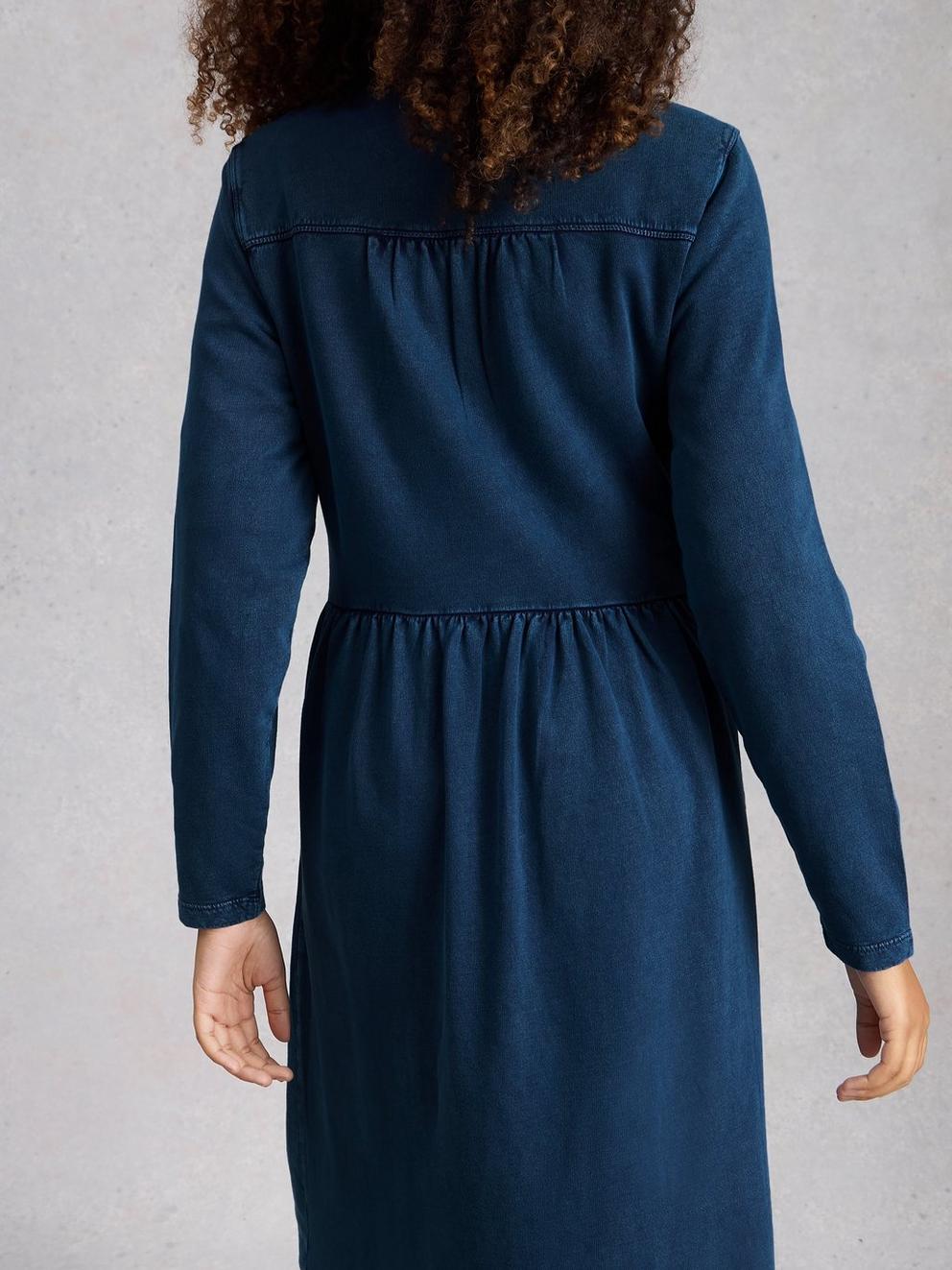 Ray Jersey Midi Dress in MID DENIM - MODEL BACK