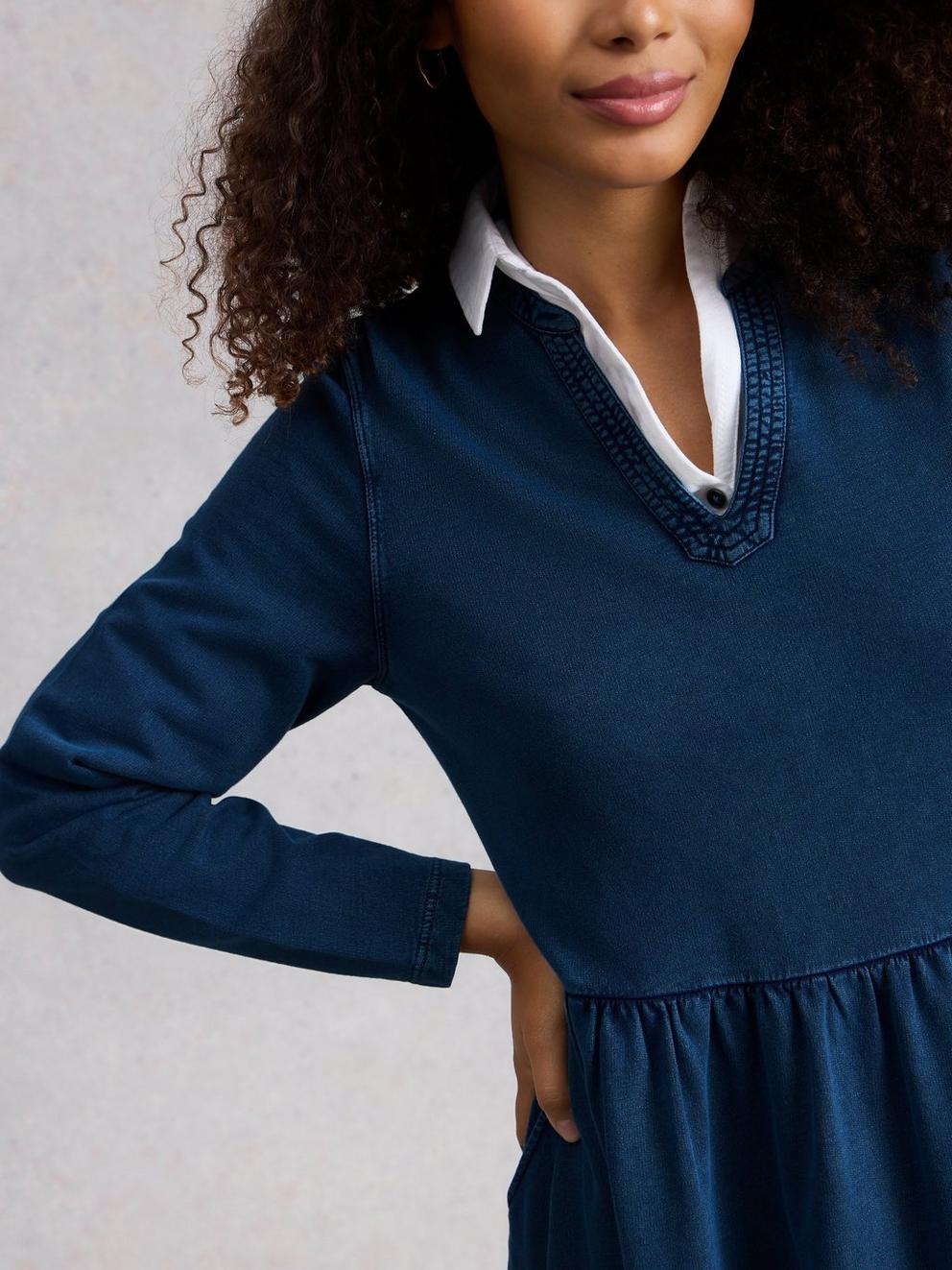 Ray Jersey Midi Dress in MID DENIM - MODEL DETAIL