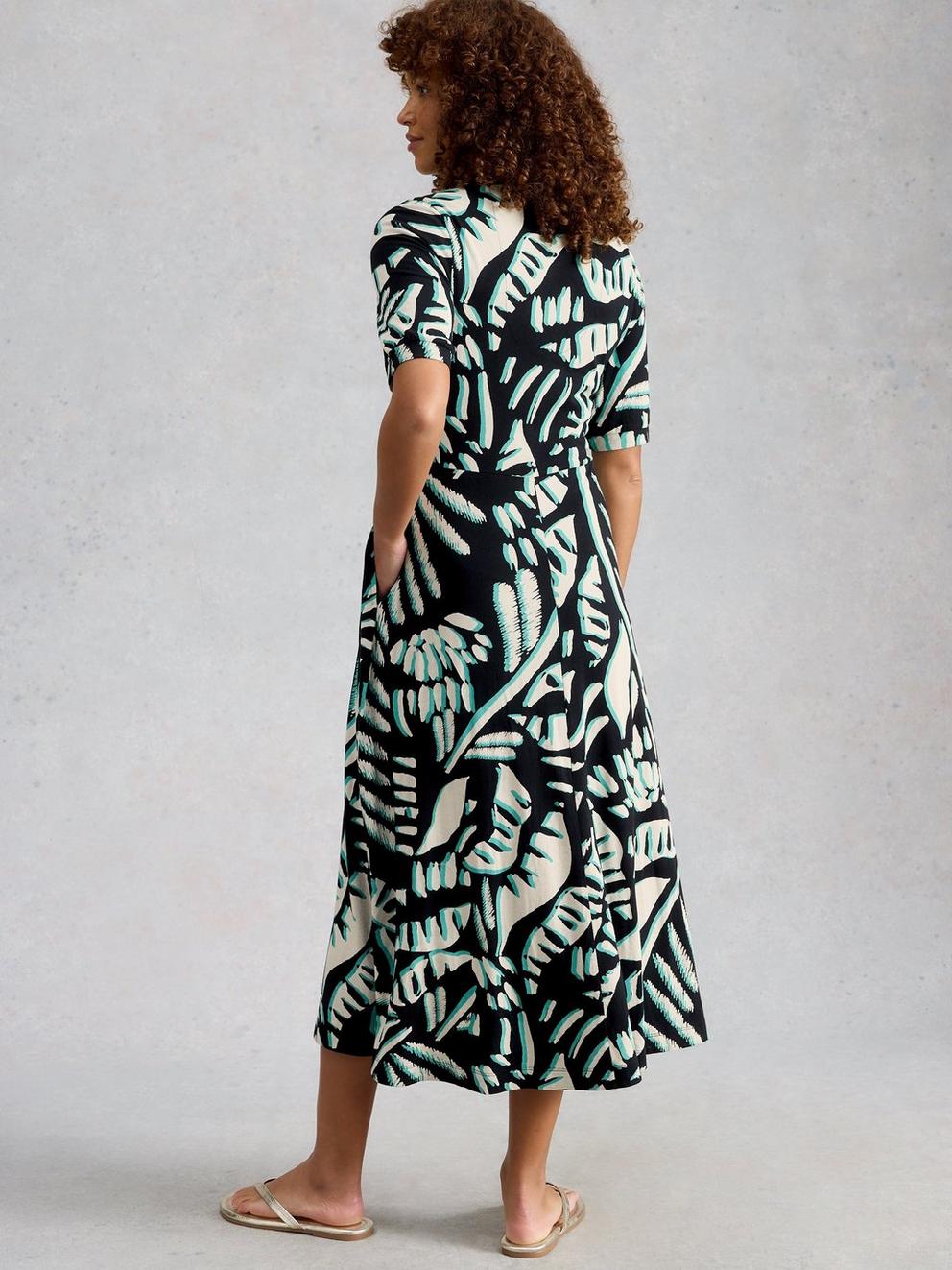 Megan Jersey Dress in BLK MLT - MODEL BACK