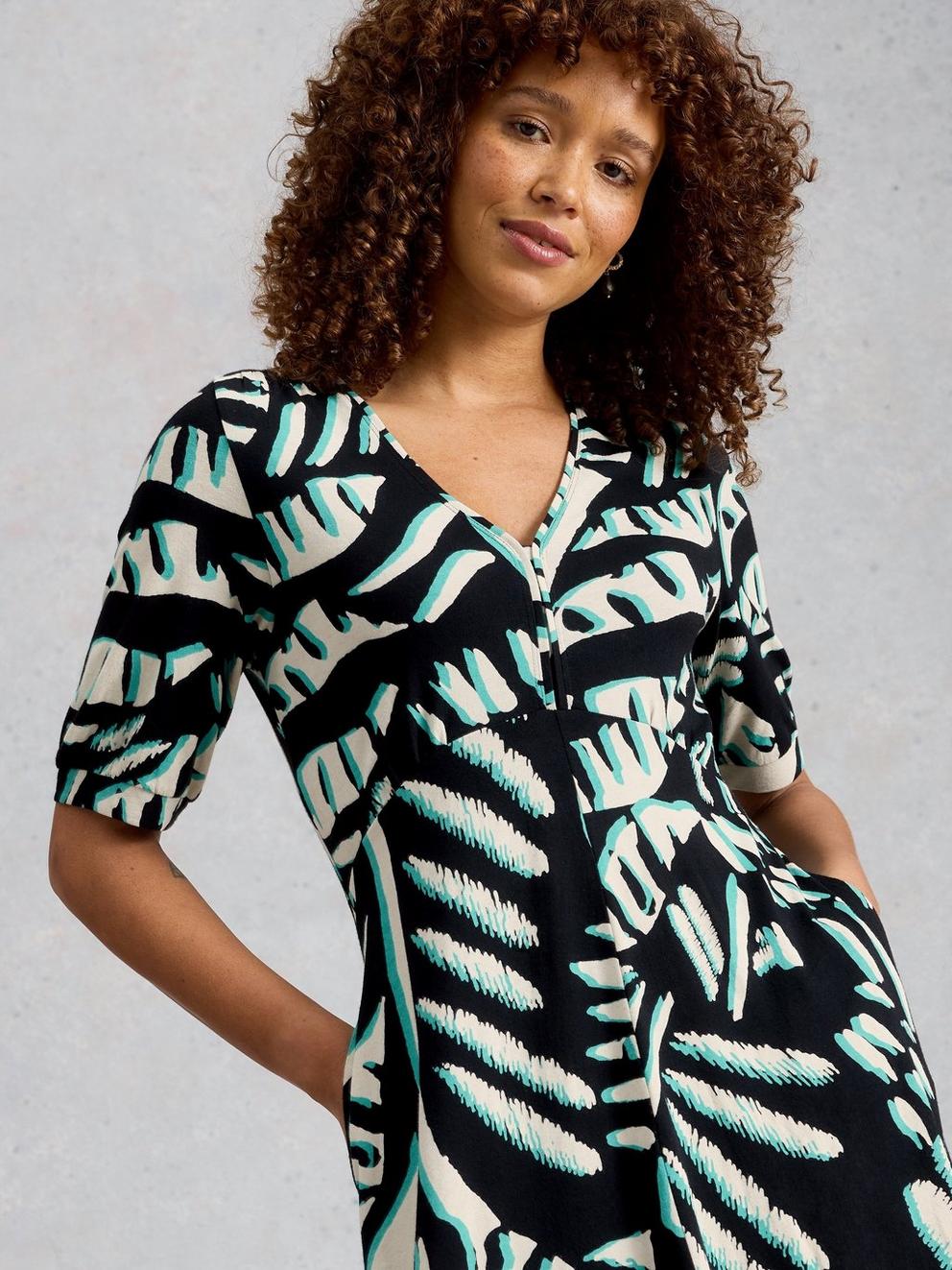 Megan Jersey Dress in BLK MLT - MODEL FRONT