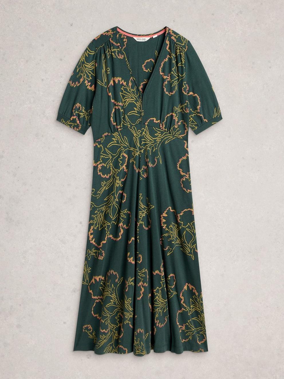 Megan Jersey V Neck Short Sleeve Dress in GREEN MLT - FLAT FRONT