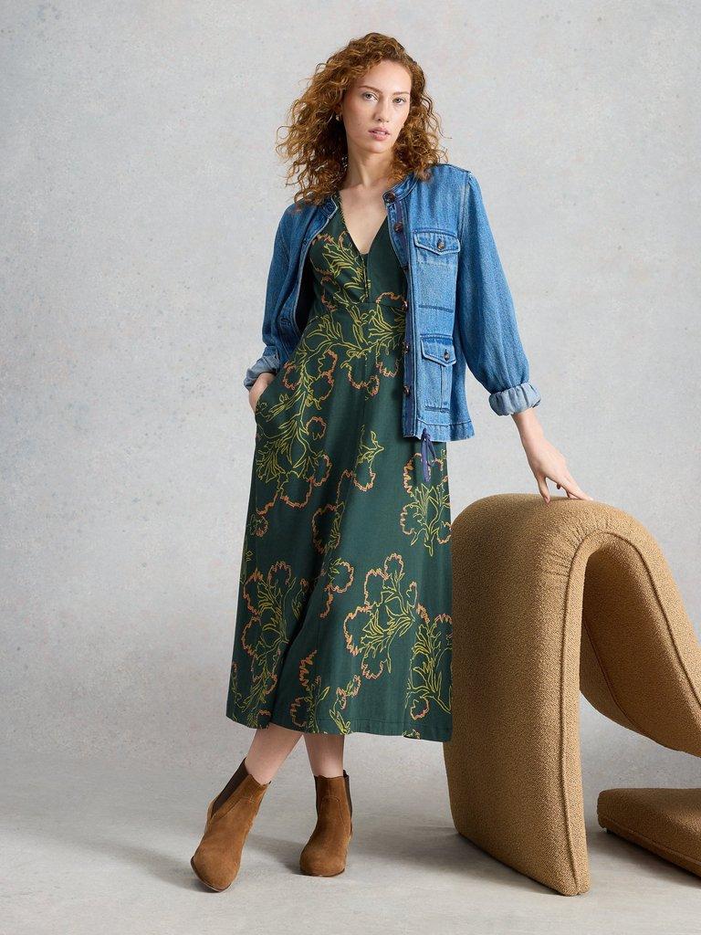 Megan Jersey V Neck Short Sleeve Dress in GREEN MLT - LIFESTYLE