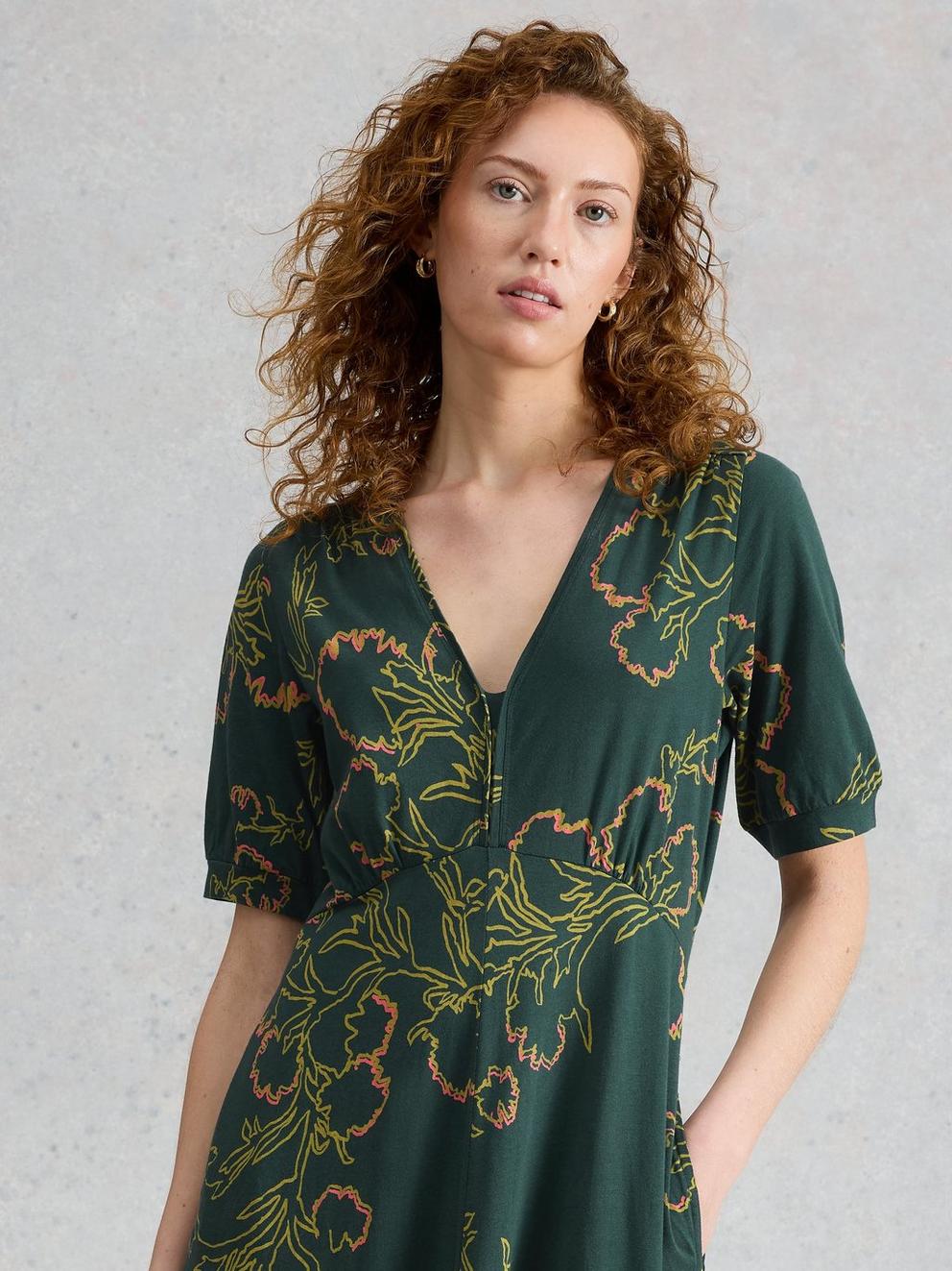Megan Jersey V Neck Short Sleeve Dress in GREEN MLT - MODEL DETAIL