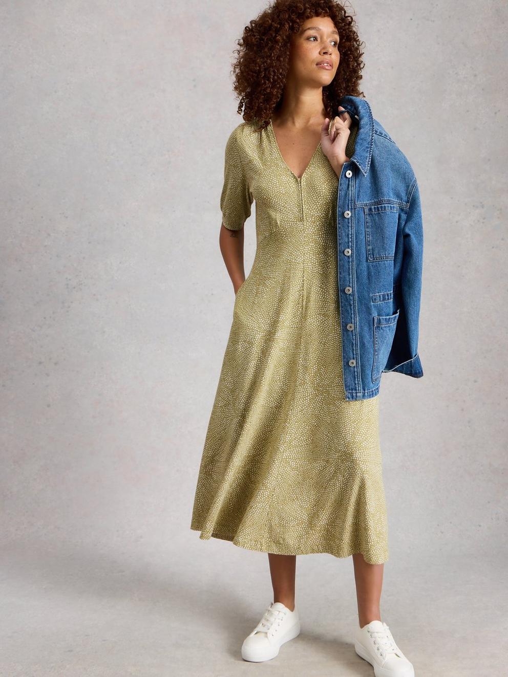 Megan Jersey V Neck Short Sleeve Dress in GREEN PR - MODEL DETAIL