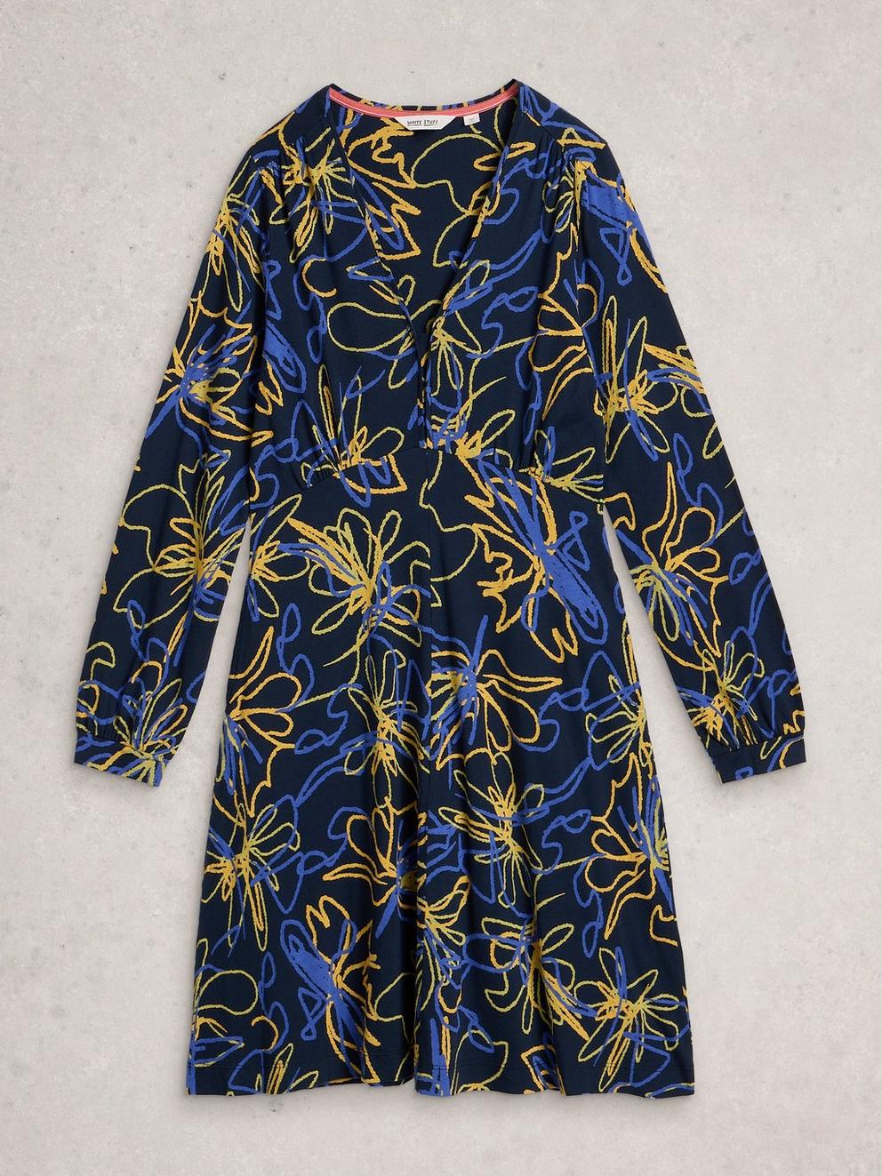 Meg Jersey Dress in NAVY MULTI - FLAT FRONT