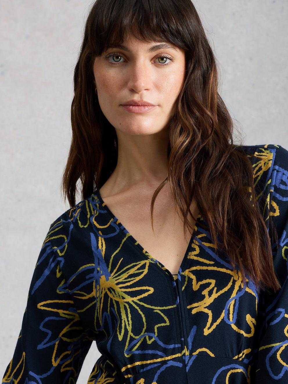 Meg Jersey Dress in NAVY MULTI - MODEL DETAIL