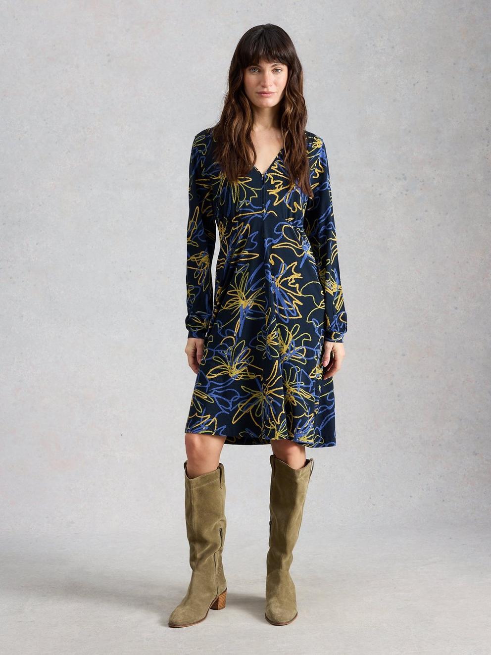 Meg Jersey Dress in NAVY MULTI - MODEL FRONT