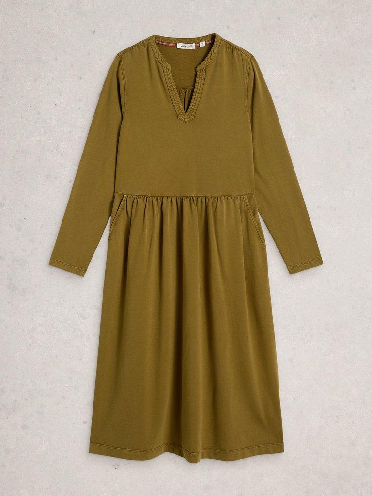 Ray Jersey Notch Neck Midi Dress in KHAKI GRN - FLAT FRONT